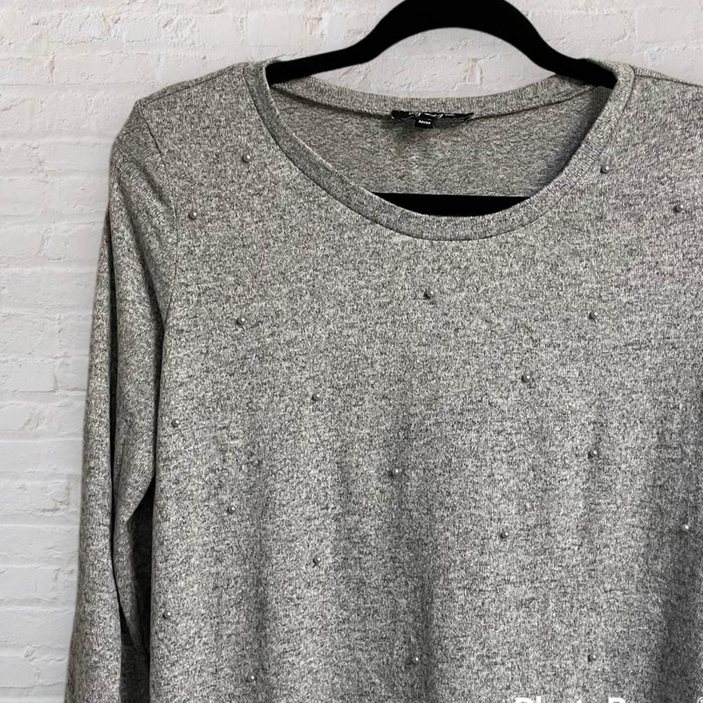 Lily Morgan pearl studded heathered gray sweater with ruffle hem, classy & cozy